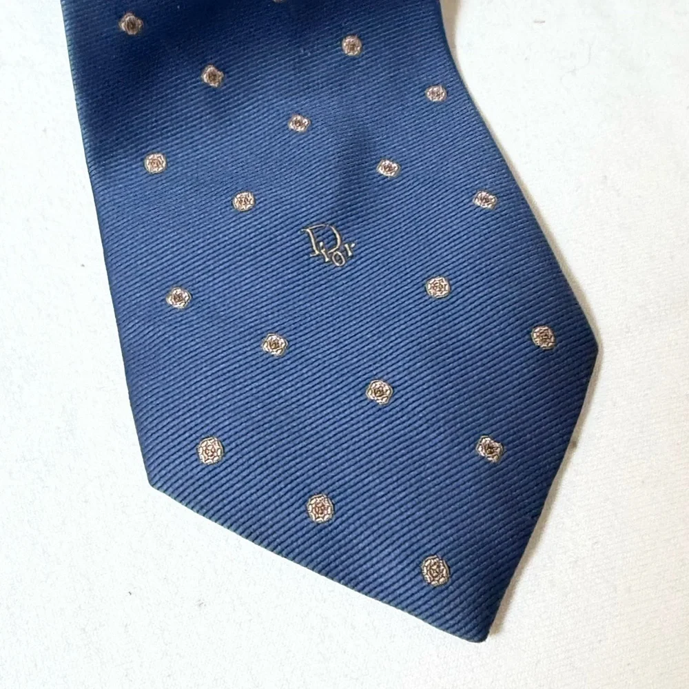 Classic Christian Dior Modern Width Navy Tie with Gold Accents and Dior Logo